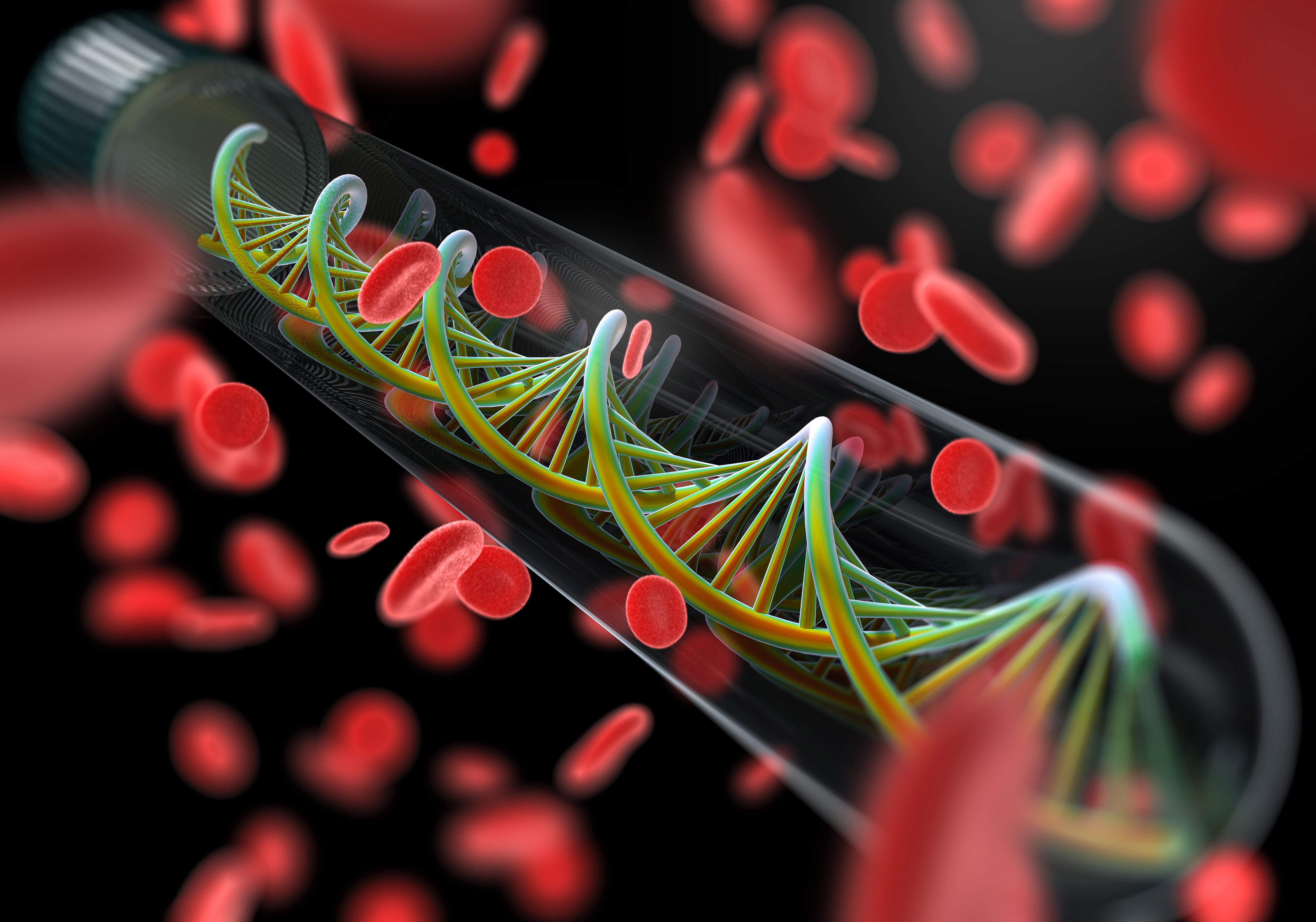 DNA in a vial surrounded by red blood cells