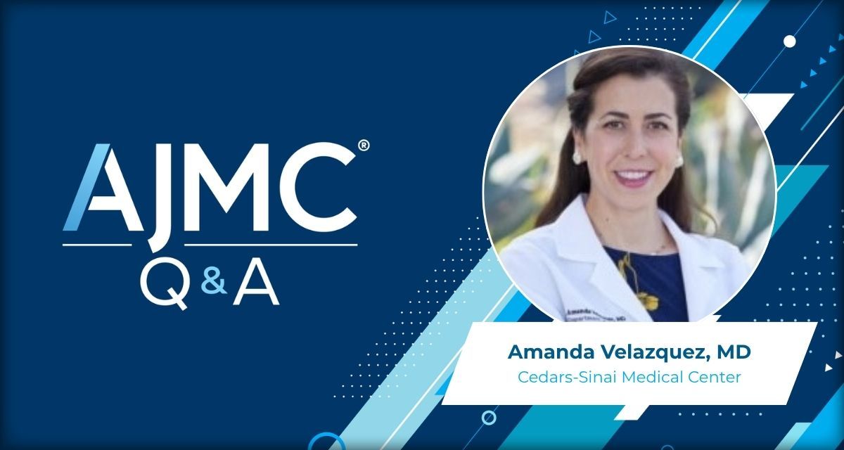Headshot of Amanda Velazquez, MD, on AJMC branded Q&A background