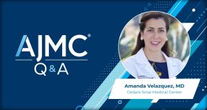 Headshot of Amanda Velazquez, MD, on AJMC branded Q&A background
