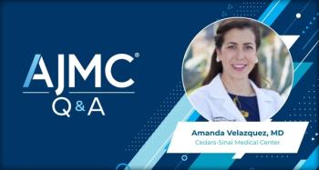 Headshot of Amanda Velazquez, MD, on AJMC branded Q&A background