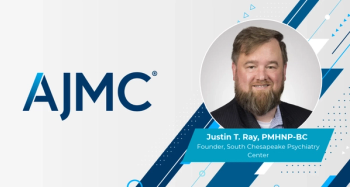 Headshot of Justin T. Ray, PMHNP-BC, on AJMC branded background