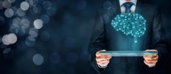 man in suit holding tablet projecting an image of a brain