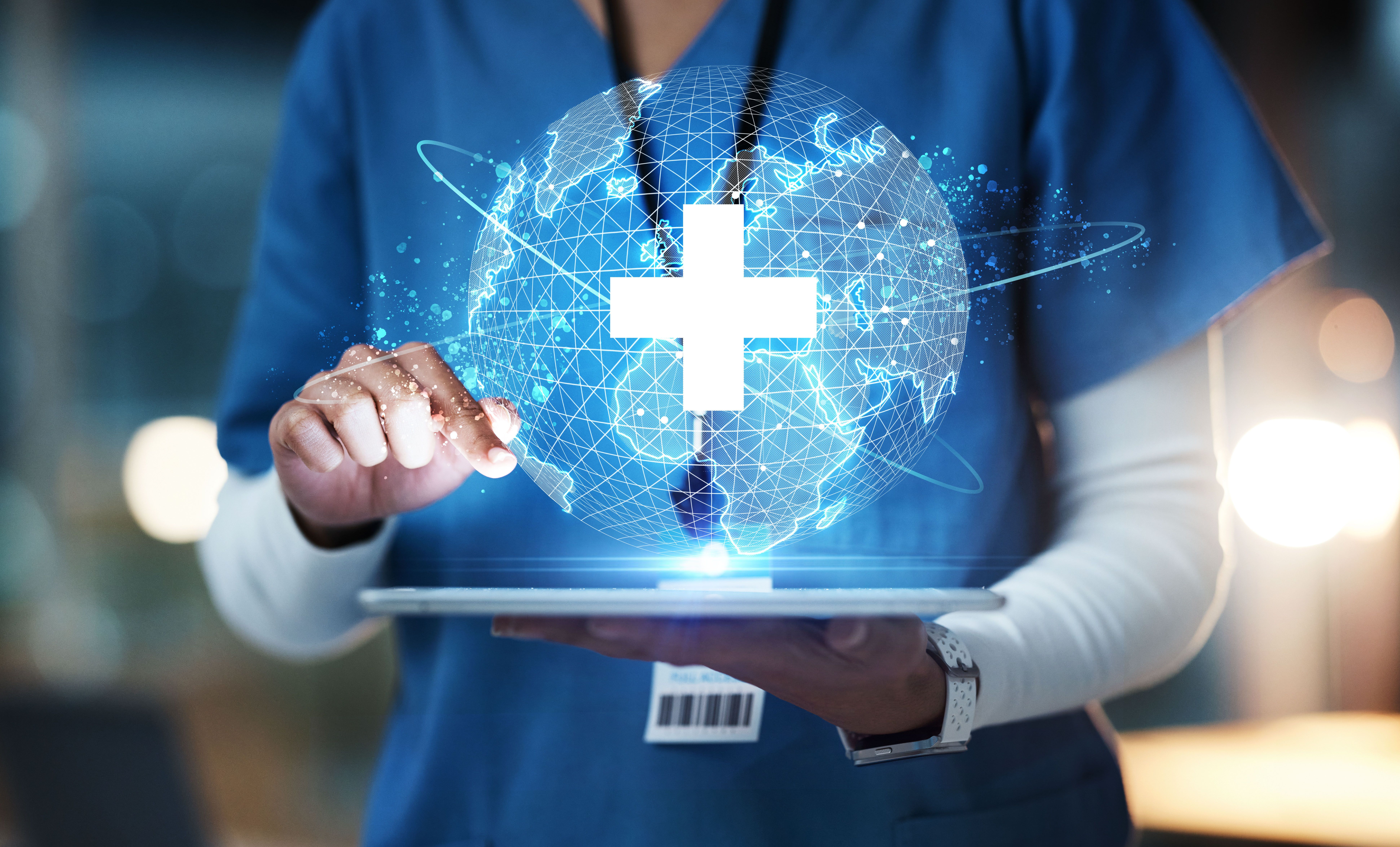 Nurse, hands or technology for 3d globe networking, healthcare community or digital help in life insurance support. Zoom, medical or futuristic world for global hospital, woman or doctor on tablet ux | Image credit: C Malambo/peopleimages.com - stock.adobe.com