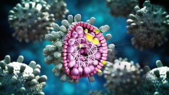 Structural detail of Hepatitis B virus on blue-green background. 3D illustration | Image credit: Destina - stock.adobe.com