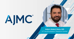 Headshot of Adam (Adan) Mora, MD, on AJMC branded background