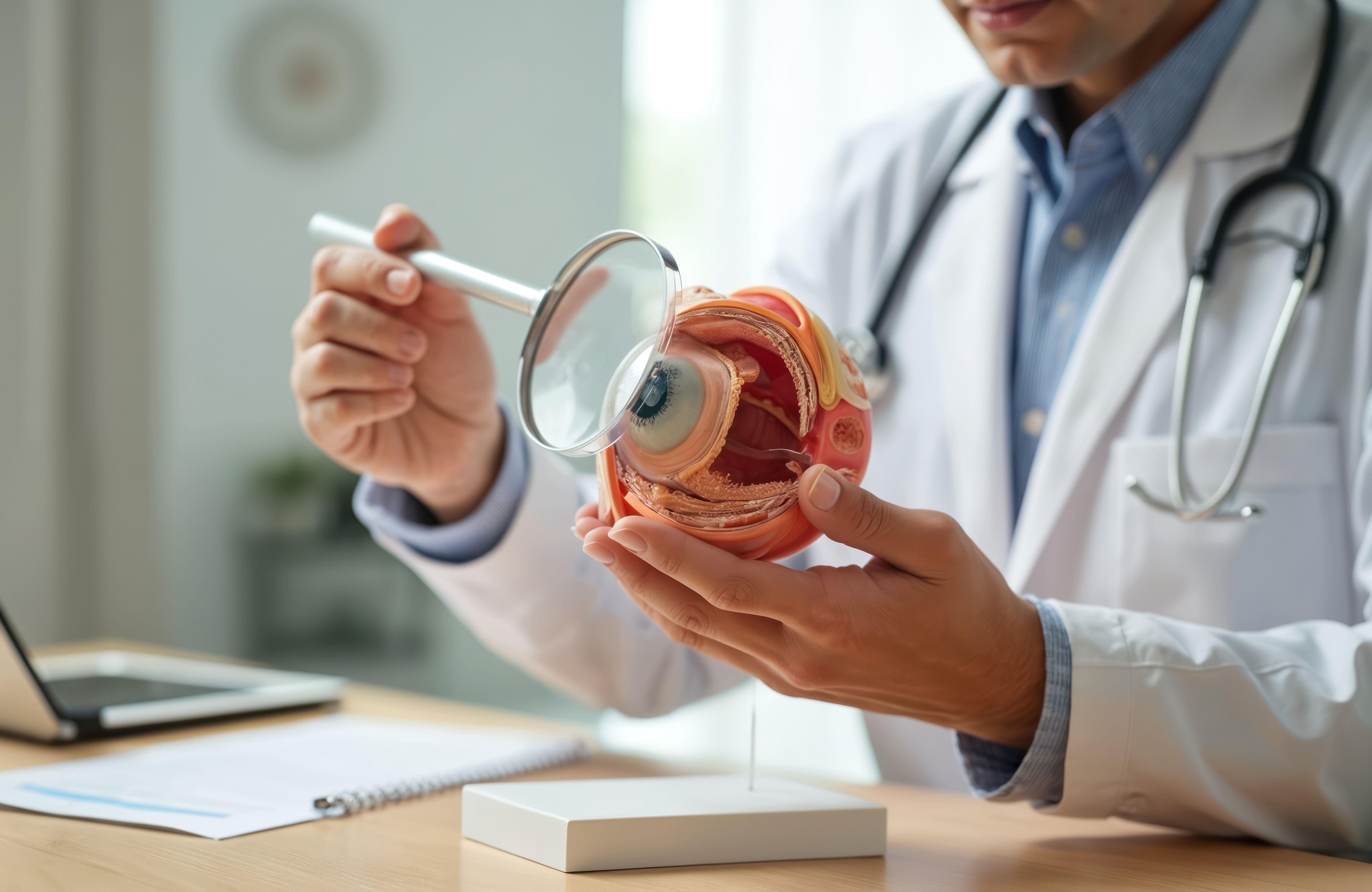 Doctor examines eye anatomy model using magnifying glass | Image credit: Viktor - stock.adobe.com