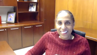 Screenshot of Marie Chisholm-Burns, PharmD, during a Zoom video interview