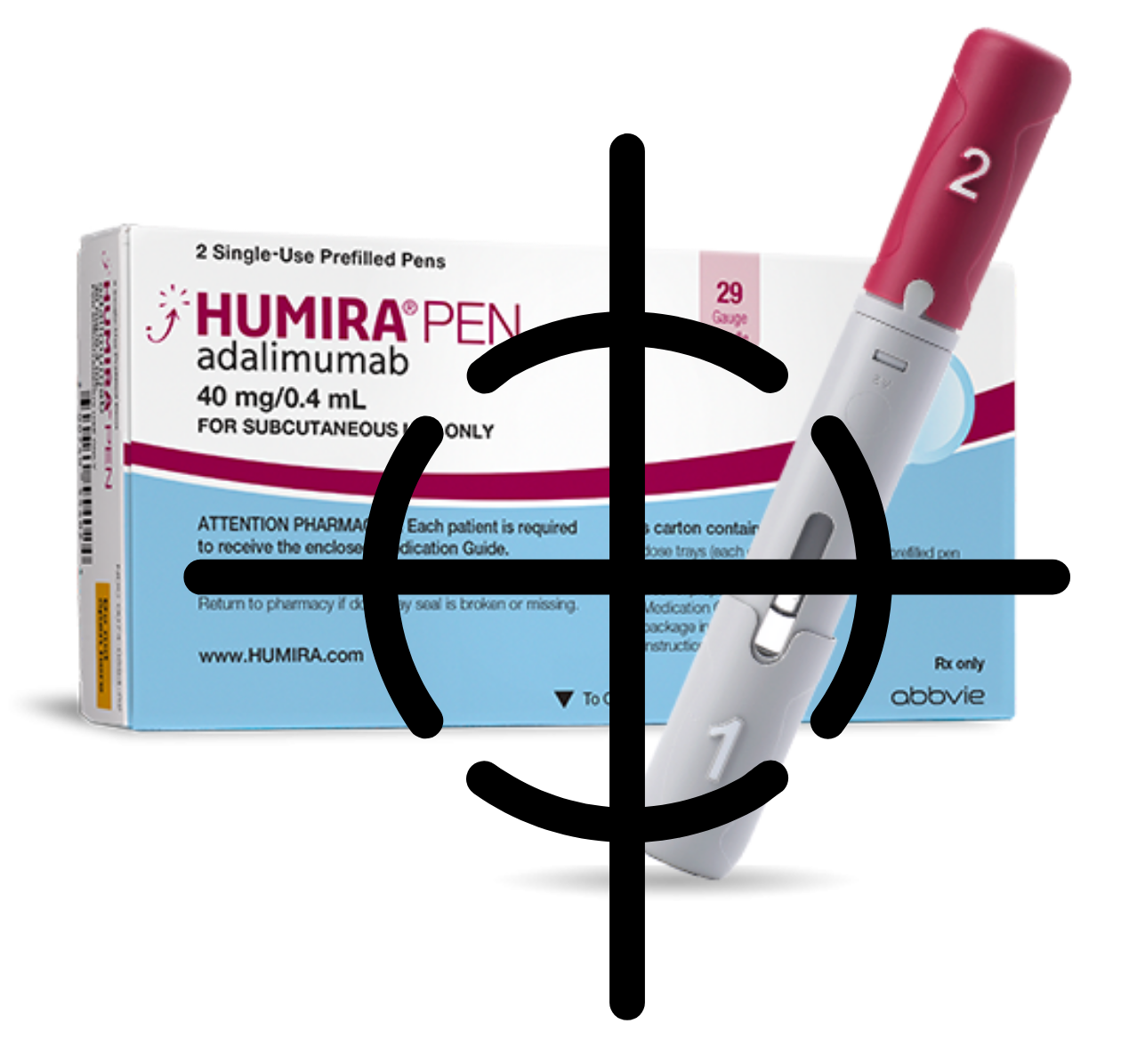 an image of a humira pen and box with a gun sight over it
