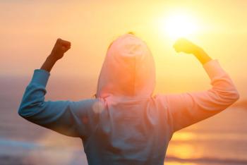 Back view of strong motivated woman celebrating workout goals towards the sun. Morning healthy training success: © Dirima - stock.adobe.com
