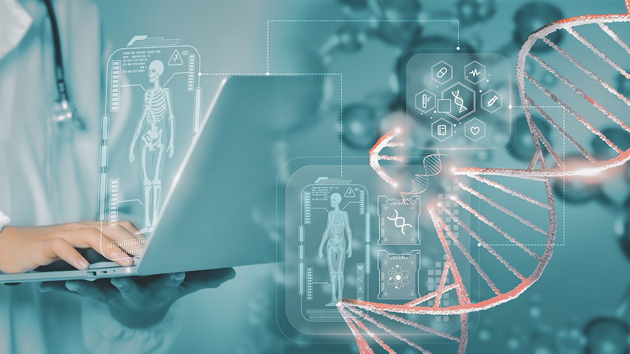 Digital healthcare innovation blends AI and genomics as a doctor uses a laptop displaying a smart DNA interface with virtual diagnostics, symbolizing precision medicine and bioinformatics analysis. | Image credit: © ART STOCK CREATIVE - © ART STOCK CREATIVE - stock.adobe.com