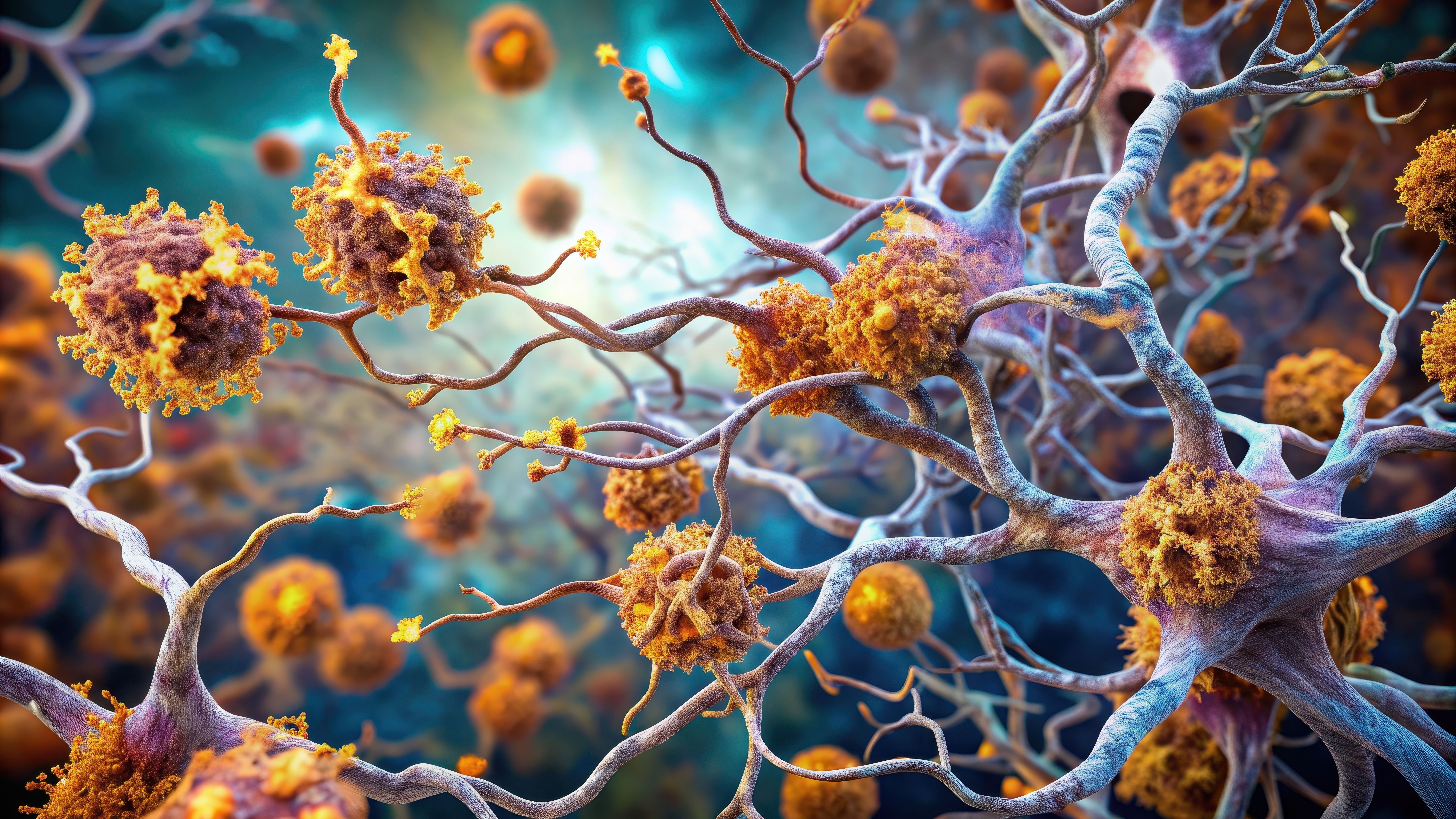 Illustration of amyloid plaques among neurons in brain tissue affected by Alzheimer's disease. | Image Credit: © prachaya - stock.adobe.com