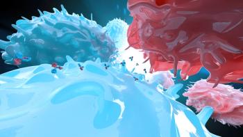 3D illustration of a bispecific antibody molecule connecting a blue T-cell to a red target cell, with additional antibody molecules visible in the surrounding space. | Image Credit: © Alpha Tauri 3D - stock.adobe.com