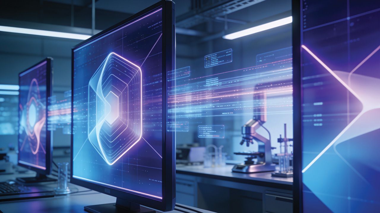 Digital Innovation Lab: Futuristic monitors display glowing geometric shapes and data streams in a modern laboratory setting, hinting at advanced technology and scientific research. | Image credit: © Raphael - © Raphael - stock.adobe.com