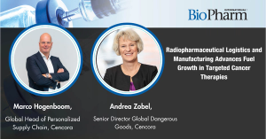 Headshots of Andrea Zobel, senior manager of dangerous goods at Cencora World Courier, and Marco Hogenboom, senior director of specialty logistics, discussing radiopharmaceutical supply chain and commercialization challenges.