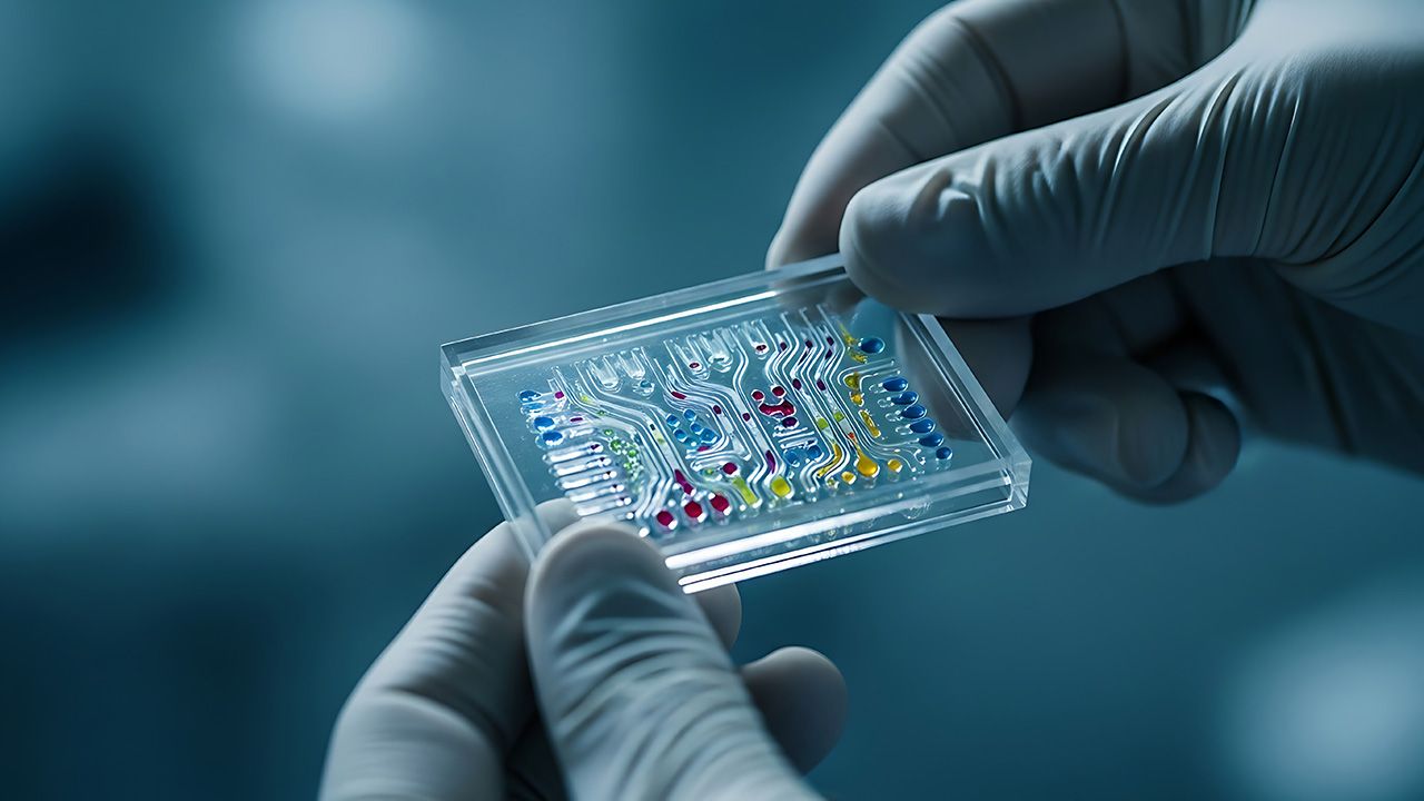 A skilled technician examines a microfluidic device in a laboratory setting. | Image credit: © Vectplus - © Vectplus - stock.adobe.com