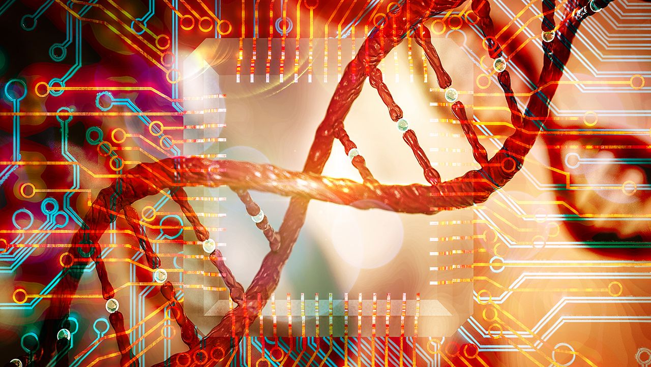 catalin/Stock.Adobe.com - conceptual image showing a DNA helix interposed with data board circuitry to illustrate the digitalization of biologics