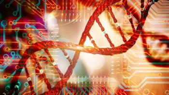 catalin/Stock.Adobe.com - conceptual image showing a DNA helix interposed with data board circuitry to illustrate the digitalization of biologics