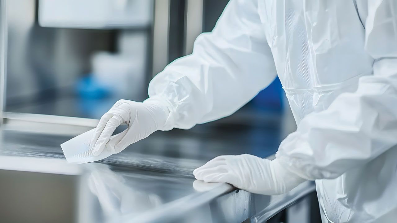 Close-up of gloved hands in a cleanroom meticulously wiping a stainless steel surface. Maintaining sterility is paramount in this precise environment. | Image Credit: ©Aditya – stock.adobe.com
