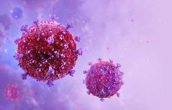 3D illustration of two spherical virus particles with textured red and purple surfaces and scattered protruding surface proteins, against a soft purple background. | Image Credit: © Corona Borealis - stock.adobe.com