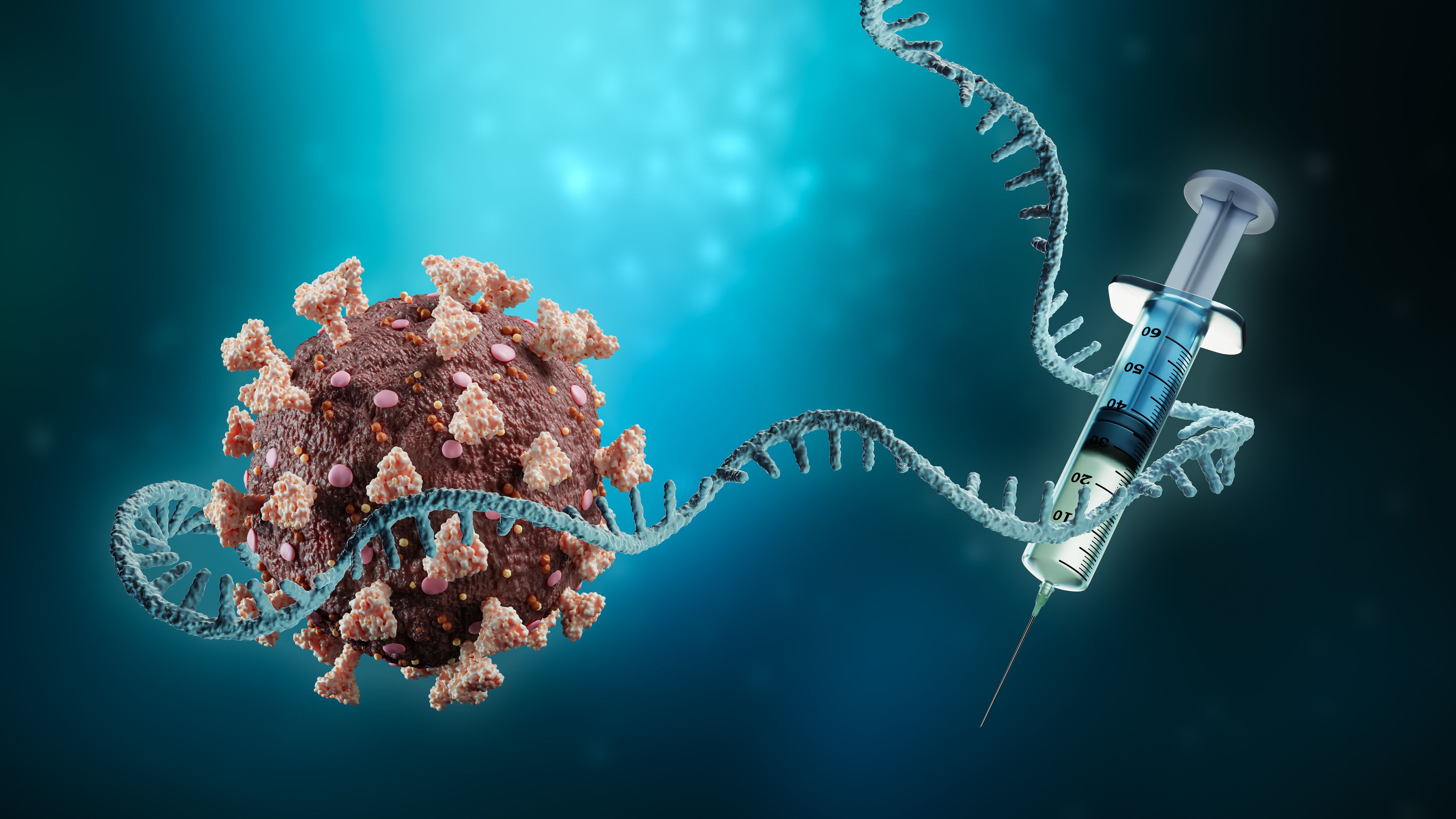 Coronavirus or sars-cov-2 virus cell with messenger RNA or mRNA and syringe on blue background 3D rendering illustration with copy space. Vaccination or vaccine, science, medical technology concept. | Image Credit: © Matthieu - stock.adobe.com