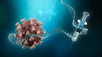 Coronavirus or sars-cov-2 virus cell with messenger RNA or mRNA and syringe on blue background 3D rendering illustration with copy space. Vaccination or vaccine, science, medical technology concept. | Image Credit: © Matthieu - stock.adobe.com