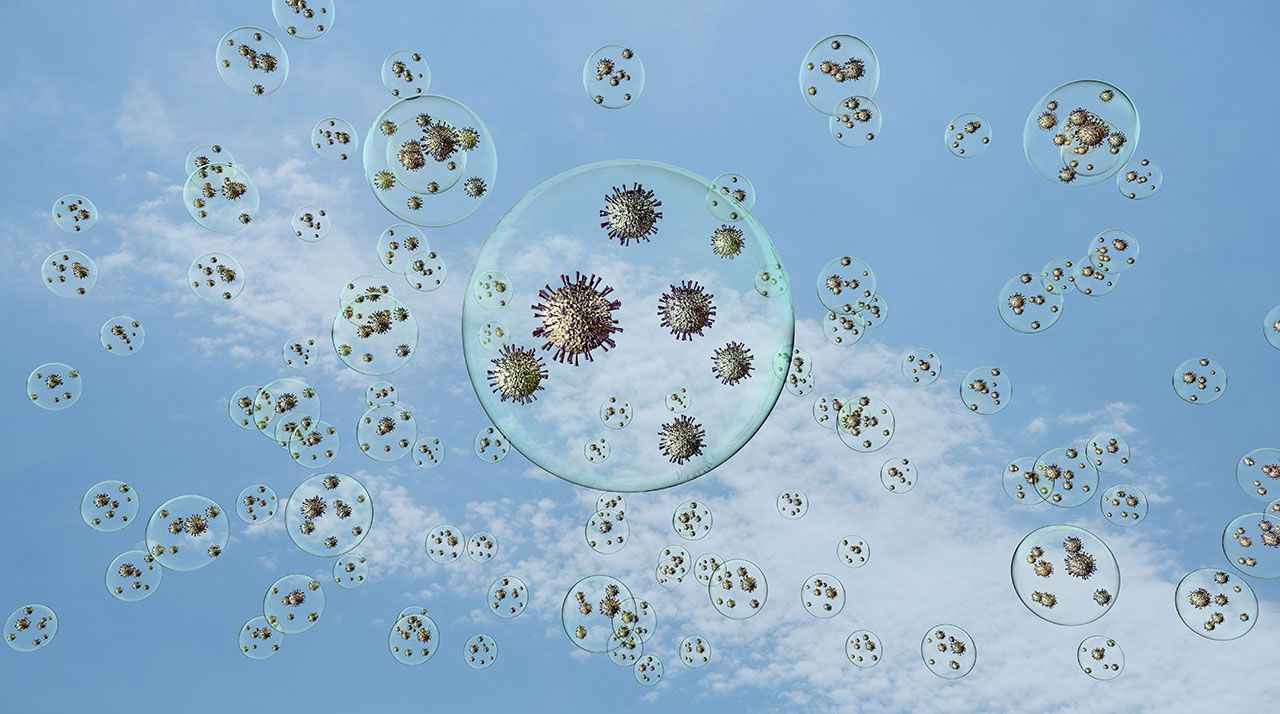 airborn virus floating aroud in droplets on blue sky background | Image Credit: ©the_lightwriter -stock.adobe.com