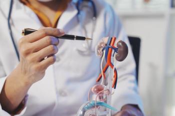 A clinician in a white coat with a stethoscope points a pen at an anatomical model showing the kidneys, renal blood vessels, aorta, vena cava, and ureters. | Image Credit: © Yanisa - stock.adobe.com