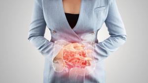 A person in a light blue blazer holding their abdomen with both hands, with an illustration of the intestines overlaid on the torso and a red glow highlighting the small intestine. | Image Credit: © eddows - stock.adobe.com