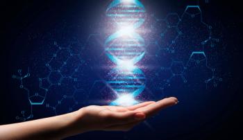 Genetic engineering concept. Collage with glowing DNA molecule over female hand on blue background | Image Credit: © Prostock-studio