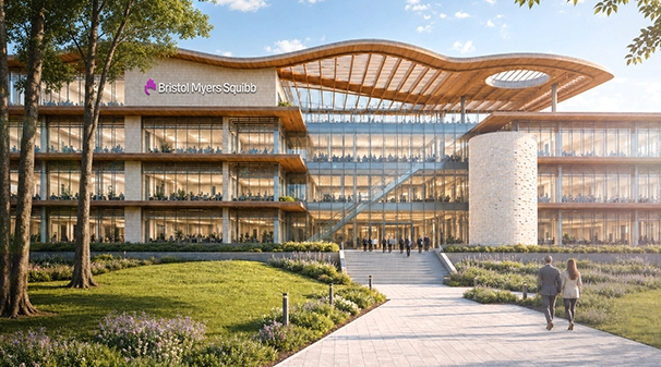 Architectural rendering of BMS's planned pharmaceutical manufacturing campus in Houston, Texas. | Image Credit: © Bristol Myers Squibb. - bms.com