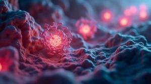 Glowing molecular structure on a textured cell surface, red and blue tones. | Image Credit: © Funny - stock.adobe.com