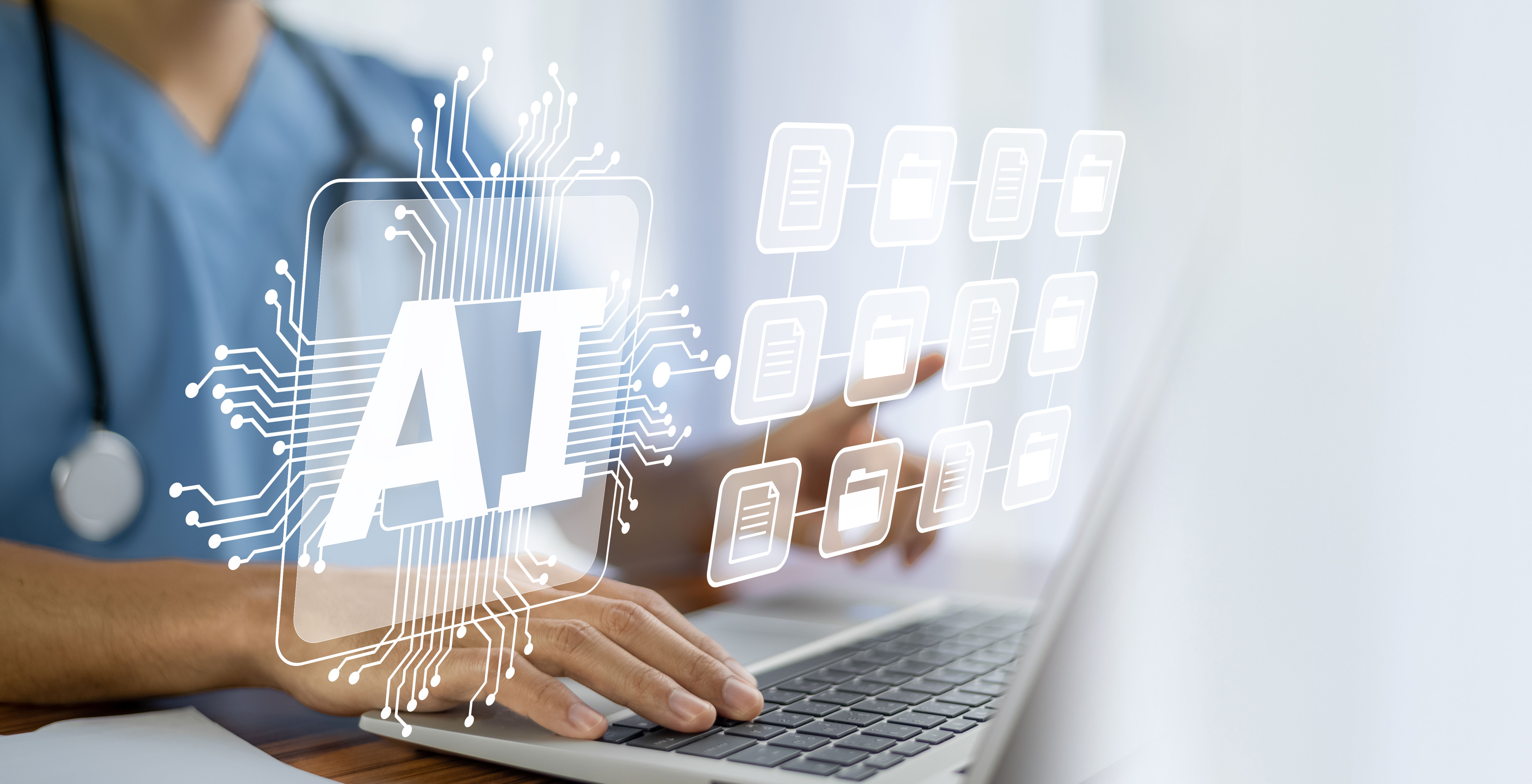 Photograph of a healthcare worker typing on a laptop with a digital AI interface and document icons overlaid. | Image Credit: © Suriyo - stock.adobe.com