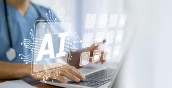 Photograph of a healthcare worker typing on a laptop with a digital AI interface and document icons overlaid. | Image Credit: © Suriyo - stock.adobe.com