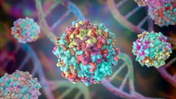Multiple multicolored viral capsid particles against a DNA double helix background. | Image Credit: © Dr._Microbe - stock.adobe.com