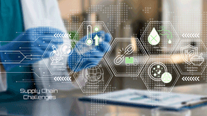 Modern digital illustration depicting supply chain challenges in pharmaceutical and medical logistics with interconnected icons | Image Credit: ©KHAN VECTOR CO. -stock.adobe.com