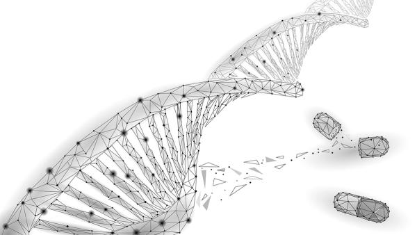 Gene therapy DNA 3D chemical molecule structure low poly. Polygonal triangle point line healthy cell part. Innovation medicine genome engineering vector illustration future business technology | Image credit: © LuckyStep - © LuckyStep - adobe.stock.com