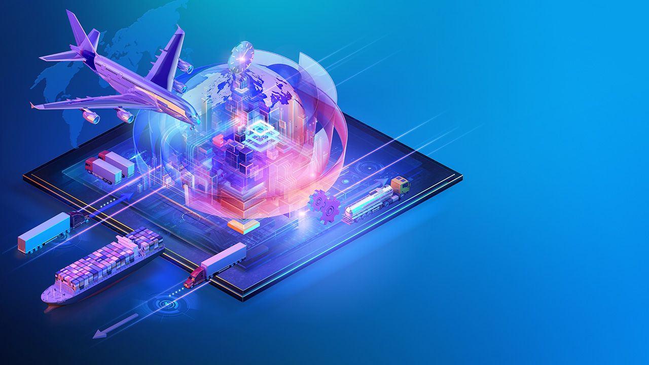 Isometric global cargo logistic website background design. Maritime, air shipping transport logistic, warehouse storage concept, export, import, trading, cargo international delivery, distribution. 3D | Image credit: © Corona Borealis - © Corona Borealis - stock.adobe.com