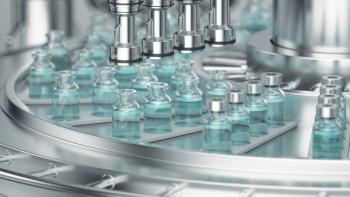 3d render. Pharmaceutical manufacture background with glass bottles with clear liquid on automatic conveyor line. COVID-19 mRNA vaccine production platform. | Image Credit: © wacomka - stock.adobe.com