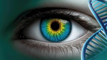 A close-up of a vibrant blue and yellow eye with a DNA double helix, symbolizing genetics and vision science. | Image Credit: © Sonthana