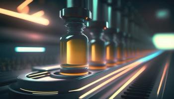Glass bottles in production in the tray of an automatic liquid dispenser, a line for filling medicines against bacteria and viruses, antibiotics and vaccines. Generative AI | Image credit: © monshtadoid - stock.adobe.com