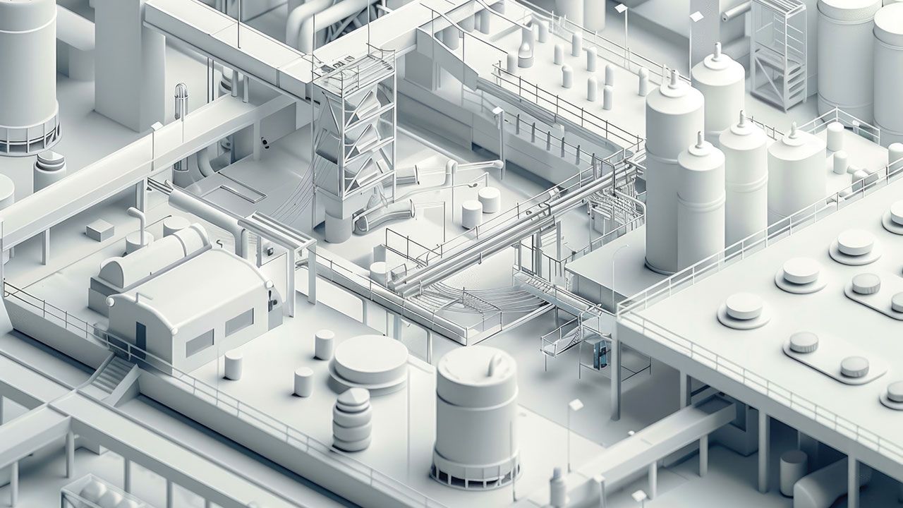 Isometric View of a Pharmaceutical Factory - Industrial Design for Prints, Cards, Posters, and Digital Graphics | Image Credit: © Anna– Stock.Adobe.com