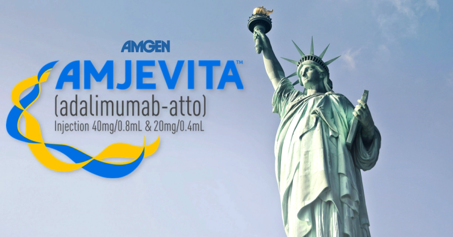 amgen logo, amjevita logo, statue of liberty