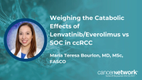 María Teresa Bourlon, MD, MSc, FASCO, discussed data showing body composition and muscle loss with lenvatinib/everolimus vs cabozantinib in metastatic ccRCC.