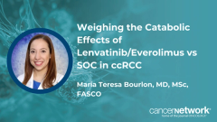 María Teresa Bourlon, MD, MSc, FASCO, discussed data showing body composition and muscle loss with lenvatinib/everolimus vs cabozantinib in metastatic ccRCC.