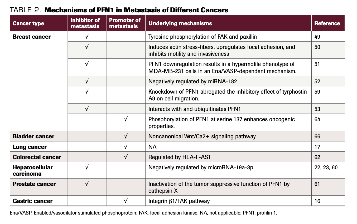 TABLE 2. Mechanisms of PFN1 in Metastasis of Different Cancers
