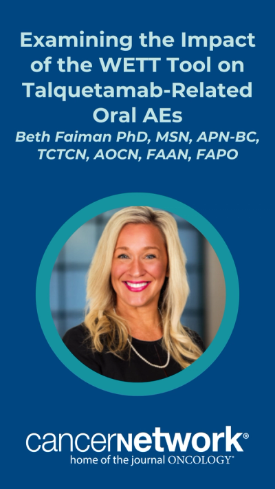Beth Faiman, PhD, MSN, APN-BC, TCTCN, AOCN, FAAN, FAPO, discussed the impact of the Waterless Empirical Taste Test on better identifying and proactively managing oral adverse effects, including dysgeusia, that emerge with talquetamab among patients with multiple myeloma.