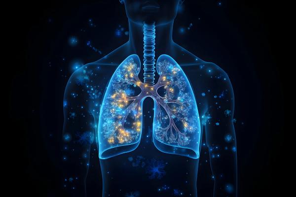 X-ray of human lungs. Holographic model of human lungs in blue neon glow on dark background: © W.O.W - stock.adobe.com 