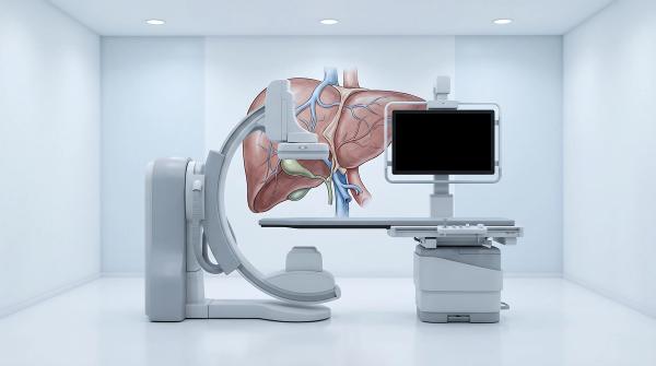 Modern interventional radiology system with hepatic anatomy illustration: © MDJOYNAL - stock.adobe.com
