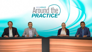A panel of 4 experts on multiple myeloma seated at a long table