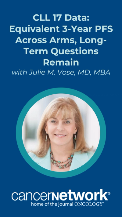 Julie M. Vose, MD, MBA, broke down 3-year PFS data from the CLL 17 trial, showing approximately 80% PFS across continuous ibrutinib, fixed-duration venetoclax-obinutuzumab, and venetoclax-ibrutinib arms. 